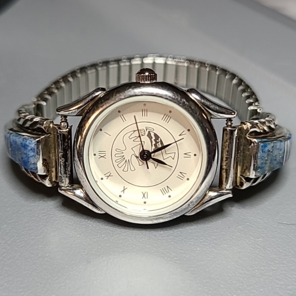 CHARLIE BOWIE Navajo .925 Sterling Silver Watch Kokopelli Lapis Tips